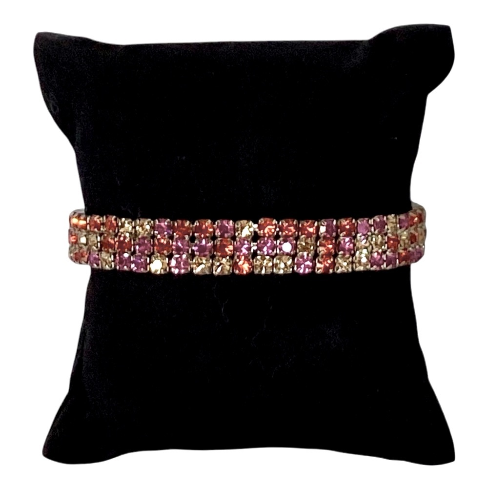 1928 Silver Tone Flexible Stretch Bracelet 3 Row Rhinestones Pink Orange Yellow